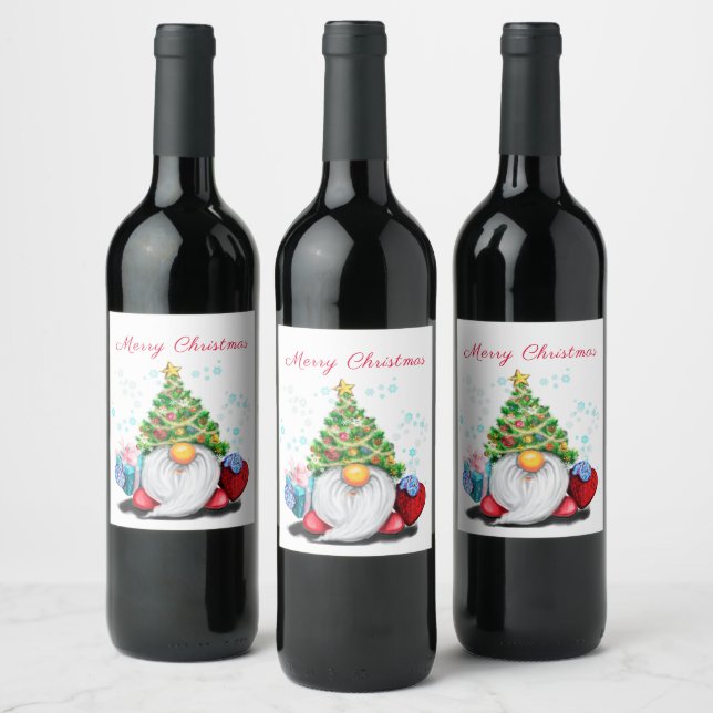 Vin de Noël Étiquette heureux Gnome avec cadeau (Bouteilles)