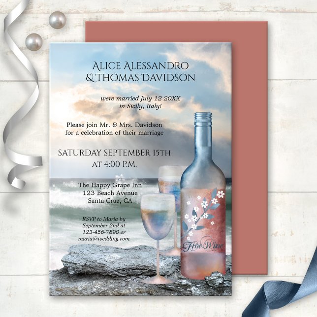 Vin de plage ou après Faire-part de mariage (Wedding reception invitation featuring a painting of a wine bottle with two glasses at the beach)