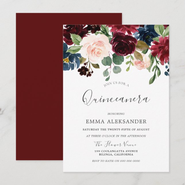 Vin rouge Bourgogne Belle Quinceanera Invitation (Devant / Derrière)