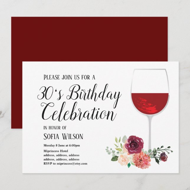 vin rouge, floral, invitation à la fête d'annivers (Devant / Derrière)
