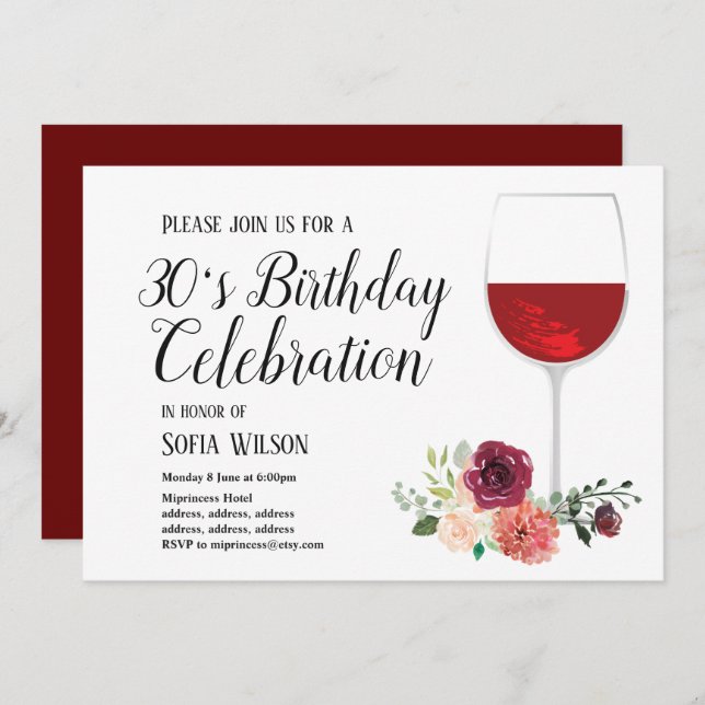 vin rouge, floral, invitation à une fête d'anniver (Devant / Derrière)