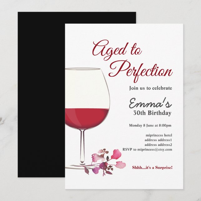 Vin rouge, invitation au vin, Agé à la perfection (Devant / Derrière)