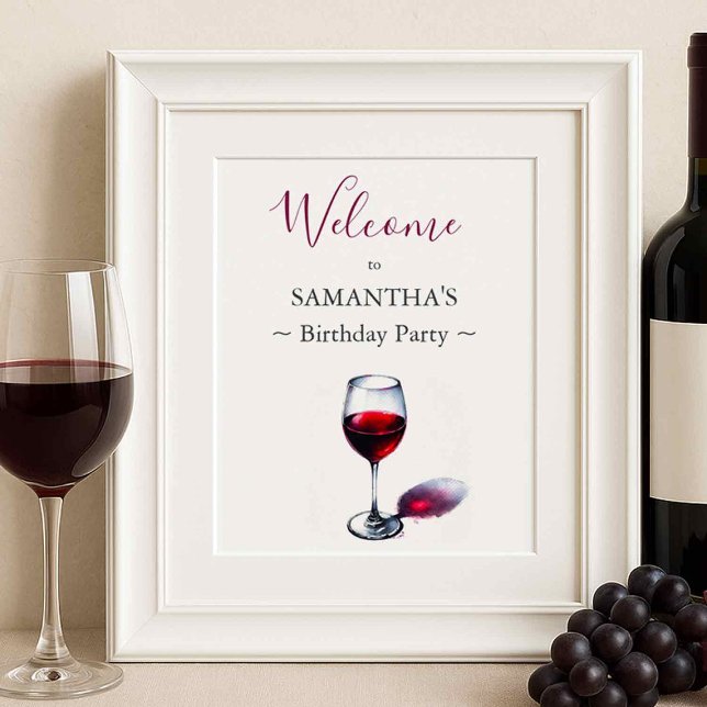Vin Thème Anniversaire Affiche de bienvenue de fêt (Wine theme birthday party decor features a welcome sign.)