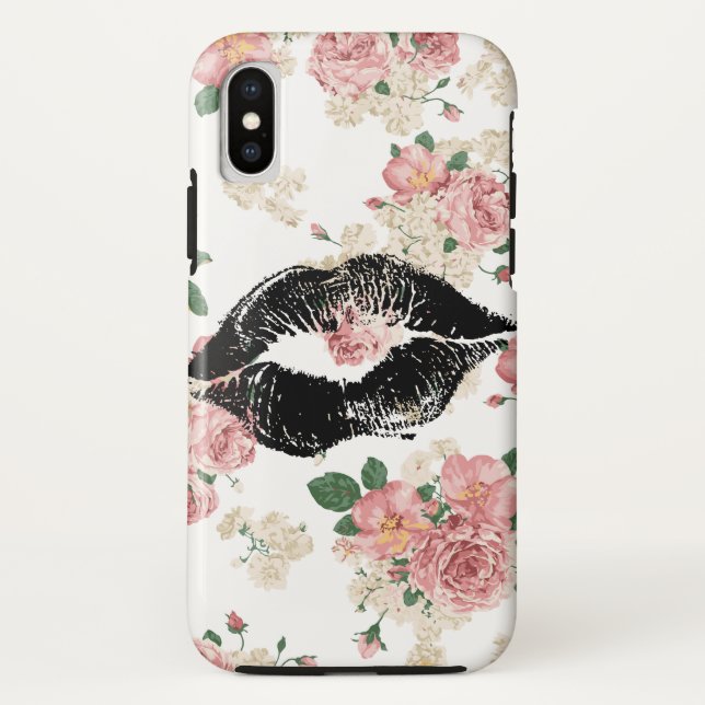 Vinage Floral Pattern Black Lipstick Kiss Case-Mate iPhone Case (Back)