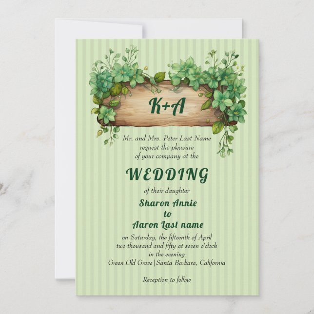 Vinage wood frame with initials spring wedding invitation (Front)