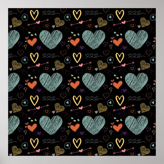 vinatage colours heart pattern - black background poster (Front)