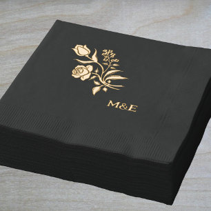 Vinateg Floral - folk art black gold Foil Napkins