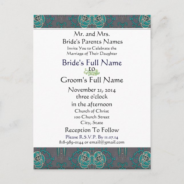Vinatge Aqua sur Grey Faire-part de mariage (Devant)
