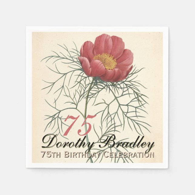 Vinatge Botanical Peony 75th Birthday Party PN Napkin (Front)