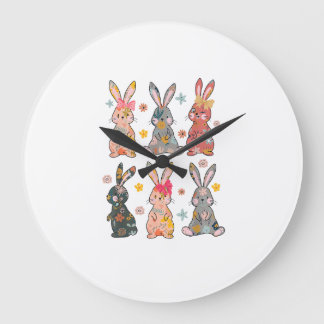 Vinatge Retro Bunny Floral Flower Rabbit Easter Da Large Clock