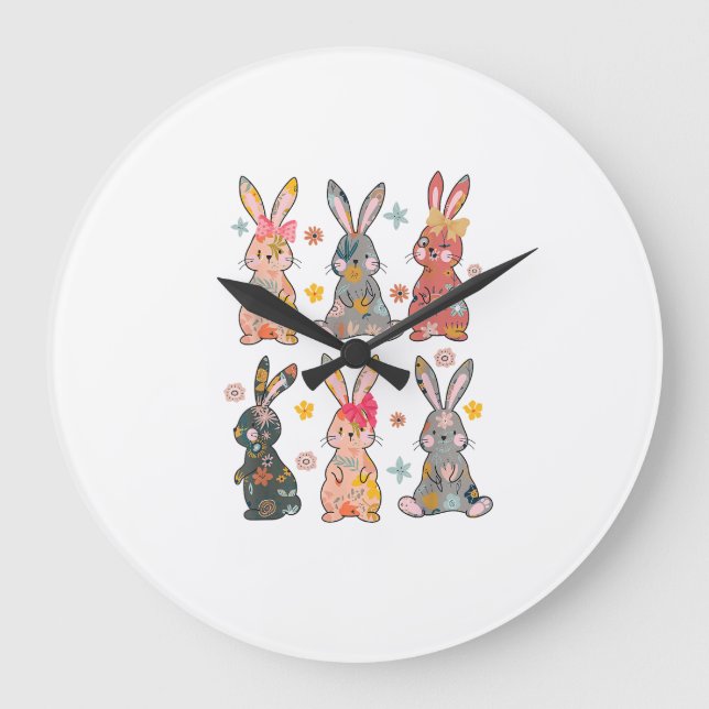 Vinatge Retro Bunny Floral Flower Rabbit Easter Da Large Clock (Front)