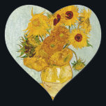 Vincent Van Gogh 12 Sunflowers Impressionist Heart Sticker<br><div class="desc">Vincent Van Gogh's Vase with 12 Sunflowers is one of Van Gogh's famous Sunflower series. This painting of sunflowers is part of Van Gogh's second set of beautiful impressionist sunflower paintings, which he created in 1888. The sunflowers are yellow against a background of light blue. As in all of Van...</div>