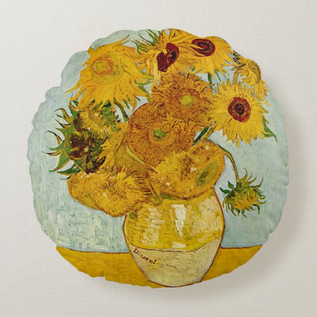 Vincent Van Gogh 12 Sunflowers Impressionist Round Pillow (Front)