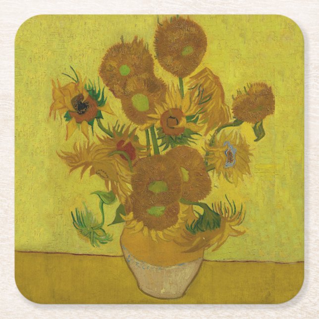 Vincent Van Gogh 15 Sunflowers Painting Square Paper Coaster (Front)