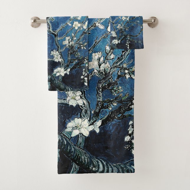 Vincent Van Gogh Almond Blossoms Navy Blue Bath Towel Set (Insitu)