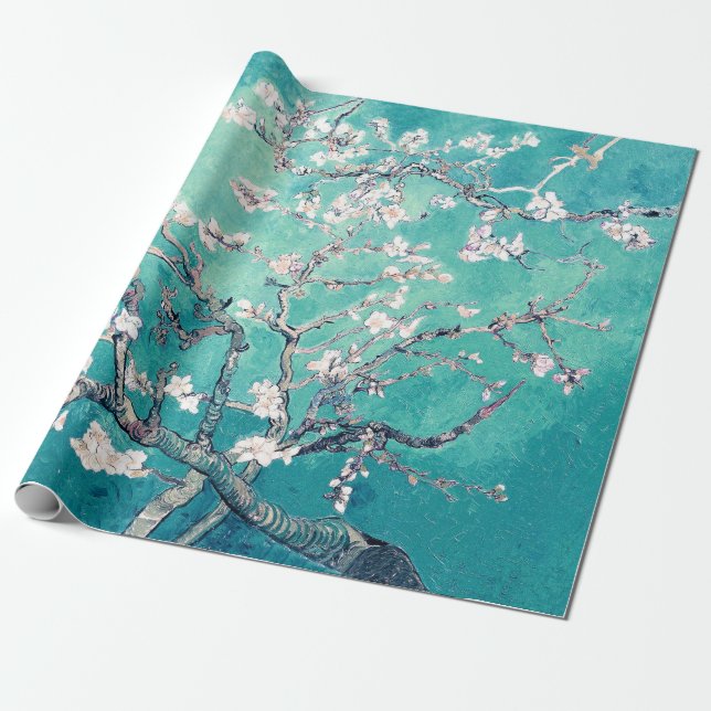 Vincent Van Gogh Almond Blossoms Turquoise Wrapping Paper (Unrolled)