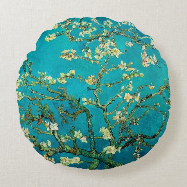 Vincent Van Gogh Blossoming Almond Tree Floral Art Round Pillow (Front)