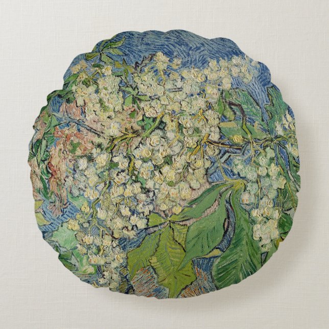 Vincent van Gogh | Blossoming Chestnut Branches Round Pillow (Front)
