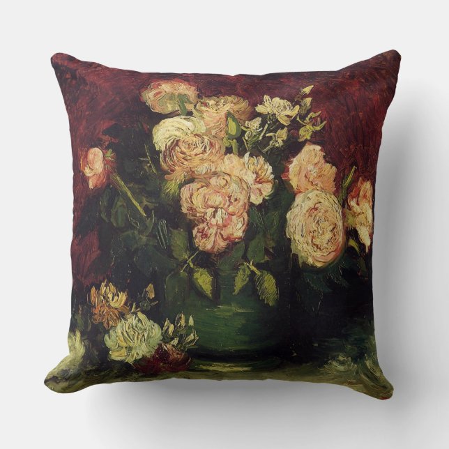 Vincent van Gogh-Bowl with Peonies and Roses Throw Pillow (Front)