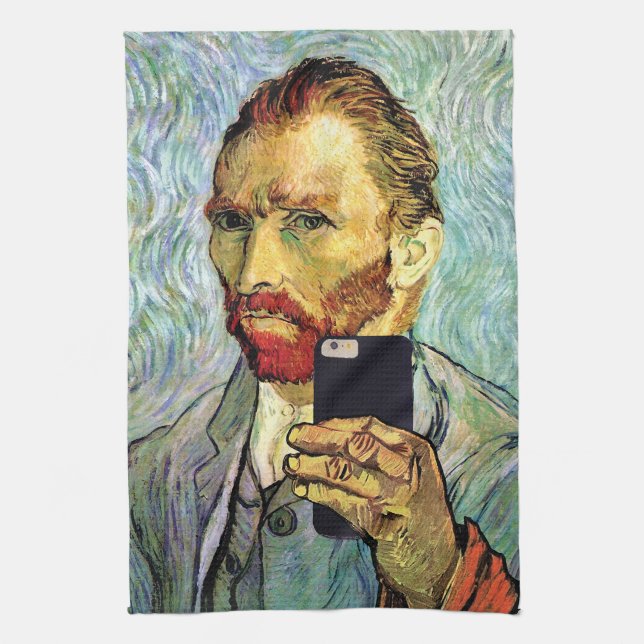 Vincent Van Gogh Cellphone Selfie Self Portrait Kitchen Towel (Vertical)