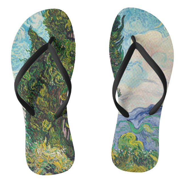 Vincent Van Gogh Cypresses Fine Art Flip Flops (Footbed)