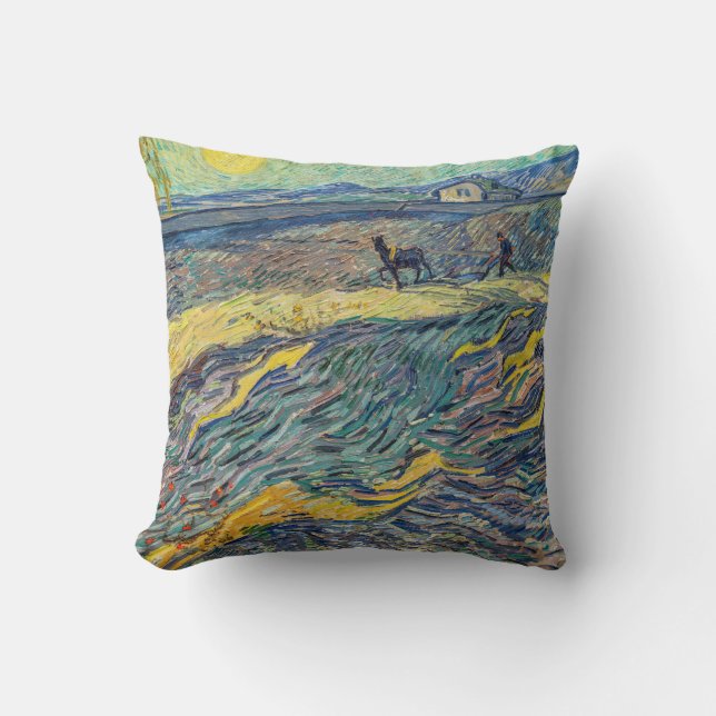 Vincent van Gogh - Field with plowing farmers Throw Pillow (Front)