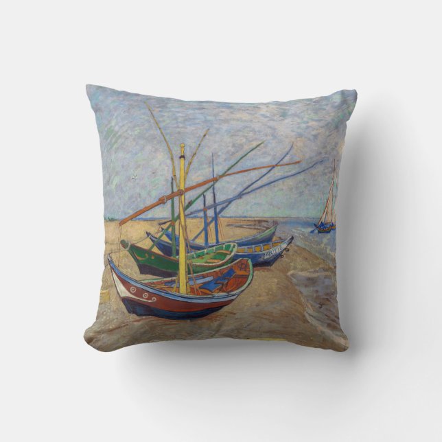 Vincent van Gogh - Fishing Boats on the Beach Throw Pillow (Front)