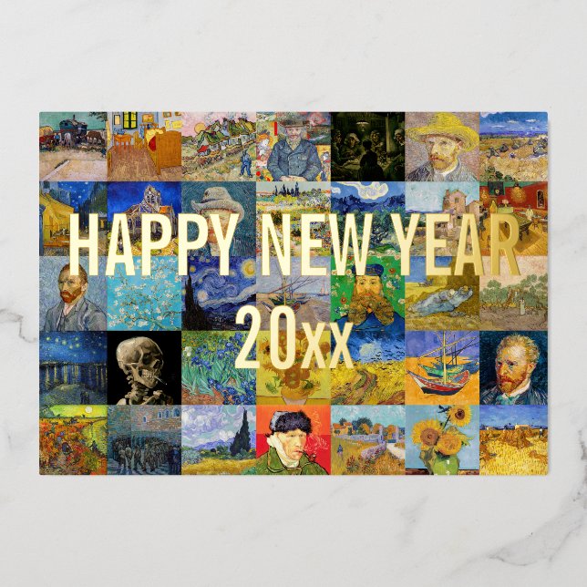 Vincent van Gogh - Happy New Year Patchwork Holida Foil Holiday Card (Front)