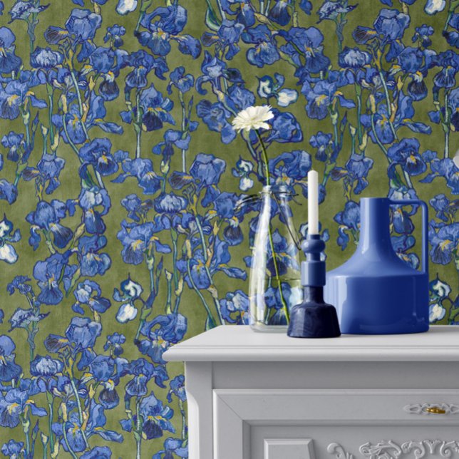 Vincent Van Gogh Irises Cobalt Blue Olive Green Wallpaper (Creator Uploaded)