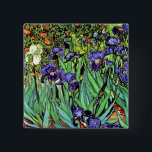 Vincent Van Gogh - Irises - Flower Lover Fine Art 2 Inch Square Button<br><div class="desc">Oil on canvas from 1889 showing beautiful purple irises that Van Gogh painted while staying at the Asylum at Saint Paul-de-Mausole in Saint-Remy, France. While many versions of this painting show the flowers as blue, scientists studying the irises in one of Van Gogh's later paintings have found that the flowers...</div>