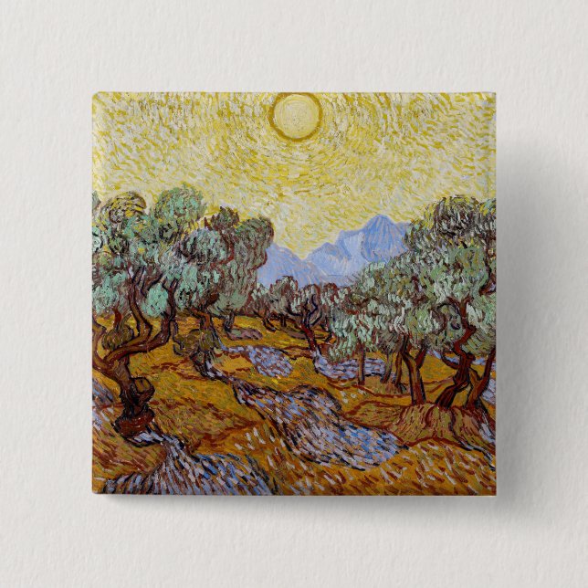 Vincent van Gogh - Olive Trees, Yellow Sky and Sun 2 Inch Square Button (Front)