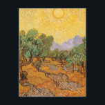 Vincent van Gogh - Olive Trees, Yellow Sky and Sun Postcard<br><div class="desc">Olive Trees with Yellow Sky and Sun (1889) by Vincent van Gogh is one of several studies of the olive trees that van Gogh painted while at the asylum. It's a vintage post impressionism fine art landscape nature painting. An olive grove on a farm on a sunny, summer day. About...</div>