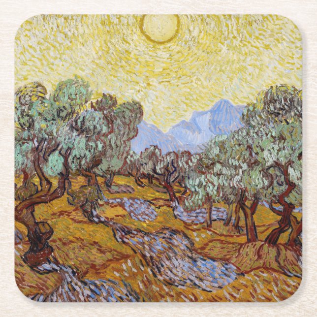 Vincent van Gogh - Olive Trees, Yellow Sky and Sun Square Paper Coaster (Front)