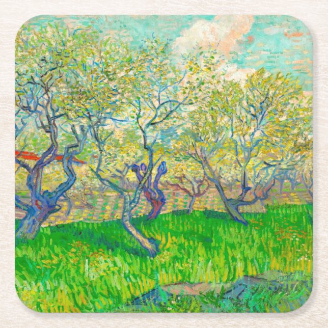 Vincent van Gogh Orchard in Blossom Square Paper Coaster (Front)