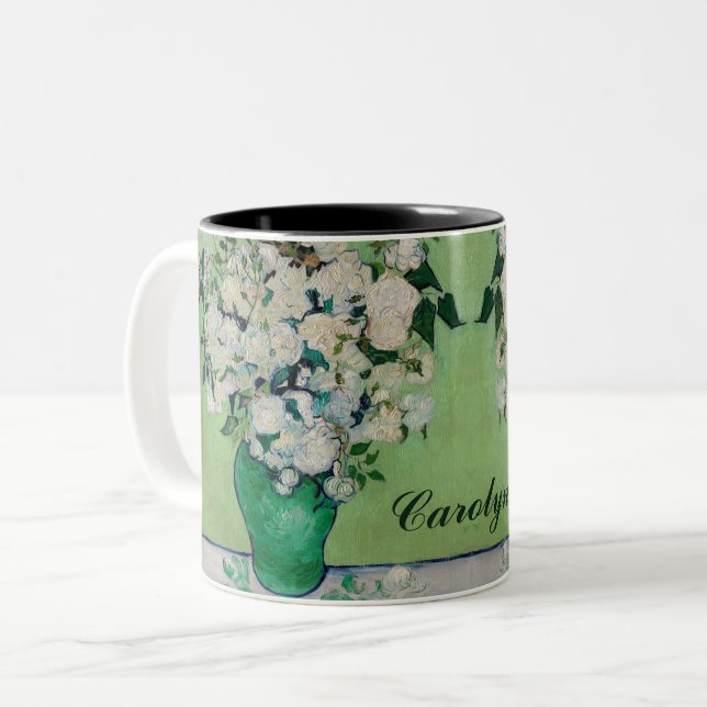 Vincent Van Gogh Roses Custom Name Green Two-Tone Coffee Mug (Front Left)