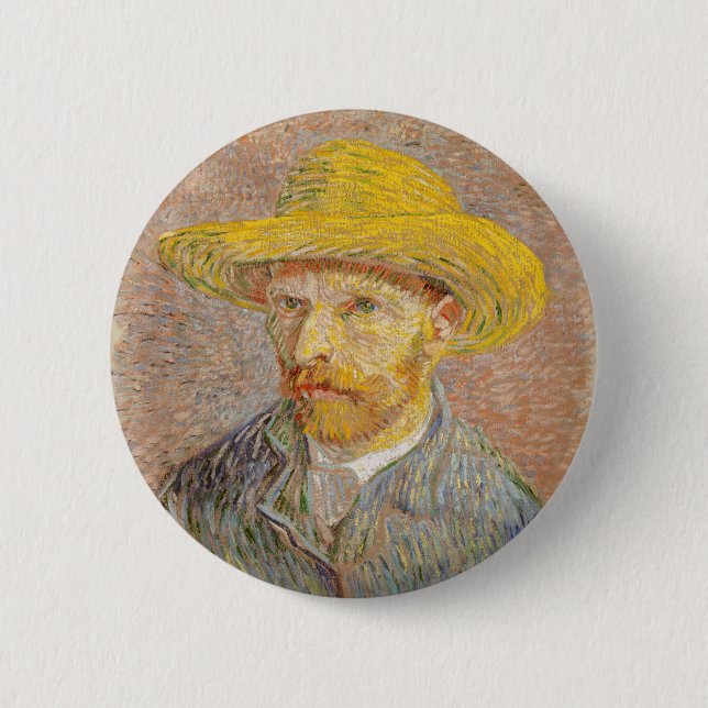 Vincent Van Gogh Self Portrait Straw Hat 2 Inch Round Button (Front)