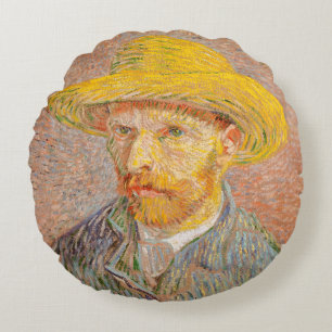 Vincent Van Gogh Self Portrait Straw Hat Round Pillow