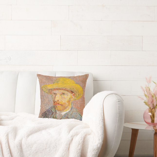 Vincent Van Gogh Self Portrait Straw Hat Throw Pillow (Couch)