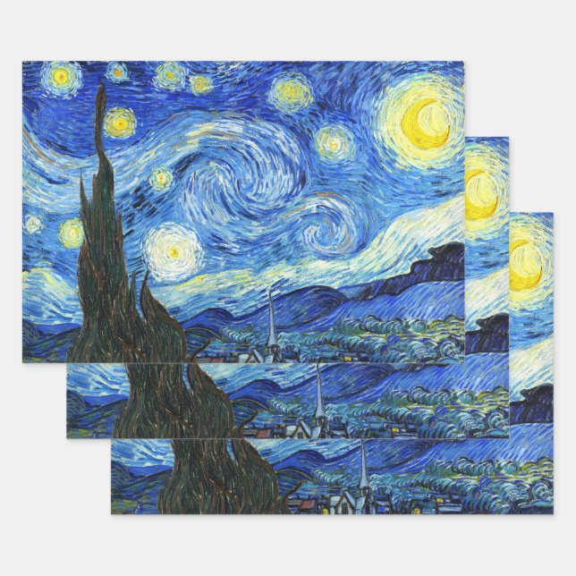 Vincent Van Gogh Starry Night Blue Yellow Wrapping Paper Sheet (Set)