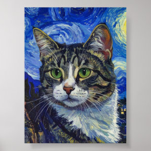 Vincent Van Gogh Starry Night Cat Portrait Poster