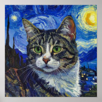 Vincent Van Gogh Starry Night Cat Portrait Poster
