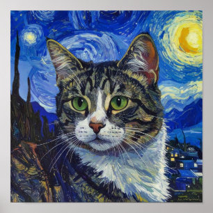 Vincent Van Gogh Starry Night Cat Portrait Poster