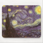 Vincent van Gogh - Starry Night Mouse Pad<br><div class="desc">Starry Night (1889) by Vincent van Gogh is a vintage post impressionism fine art landscape nature painting. A view of a city in a valley at night with the clouds swirling, the stars shining and a beautiful golden yellow crescent moon. It was painted during the day from memory and is...</div>