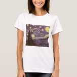 Vincent van Gogh - Starry Night T-Shirt<br><div class="desc">Starry Night (1889) by Vincent van Gogh is a vintage post impressionism fine art landscape nature painting. A view of a city in a valley at night with the clouds swirling, the stars shining and a beautiful golden yellow crescent moon. It was painted during the day from memory and is...</div>