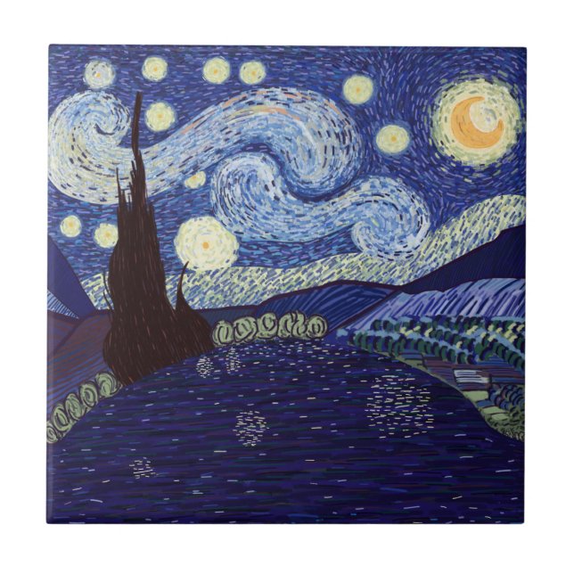 Vincent Van Gogh style Starry Night and Lake Tile (Front)