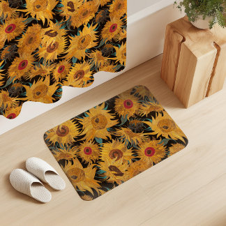 Vincent Van Gogh Sunflowers Black Yellow Teal Red Bath Mat