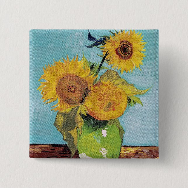 Vincent Van Gogh - Three Sunflowers in a Vase 2 Inch Square Button (Front)