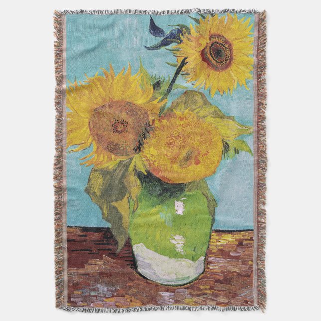 Vincent Van Gogh - Three Sunflowers in a Vase Throw Blanket (Front Vertical)