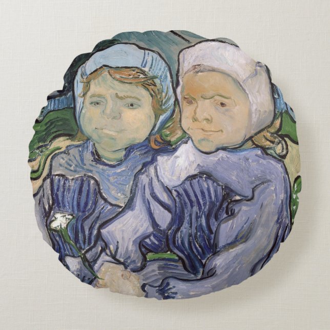 Vincent van Gogh | Two Little Girls, 1890 Round Pillow (Front)