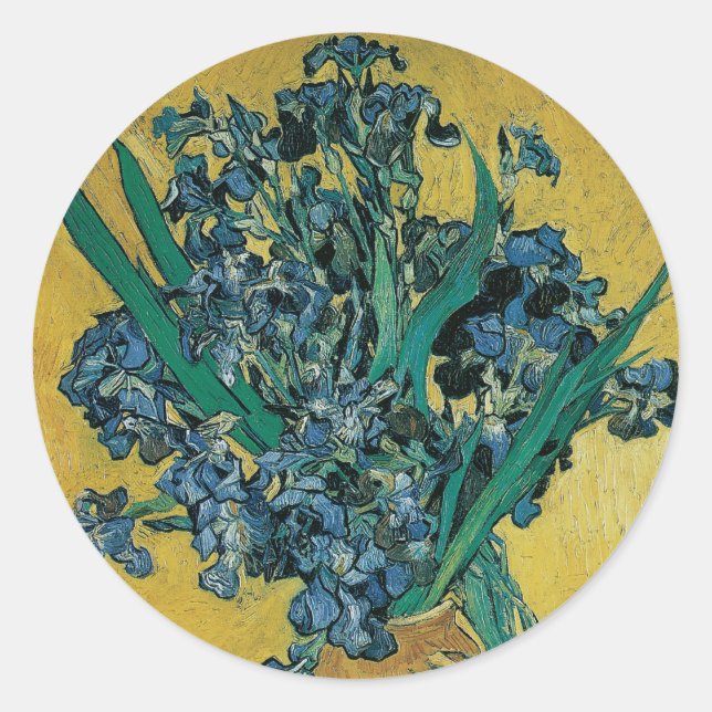 Vincent van Gogh - Vase w Irises Yellow Background Classic Round Sticker (Front)
